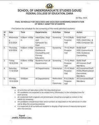 FCE Zaria final schedule for 2023/2024 screening and orientation of new ...