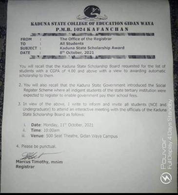 Kaduna State COE notice to students on state scholarship