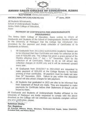 Aminu Saleh COE Notice On Certificate Payment For Undergraduate ...