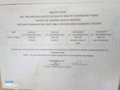 Bill and Melinda Gate College of Health Weeding Examination timetable 2021/2022
