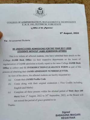 CAMTECH notice to students with undisclosed admissions