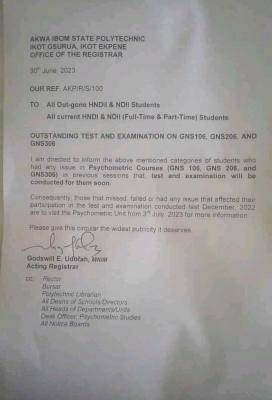 Akwa Ibom Poly notice to out-gone and current students - Myschool