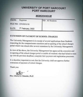 UNIPORT extends deadline for payment of school fees