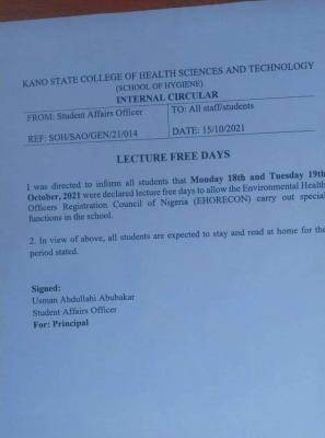 Kano State College of Health Sciences announces lecture free days