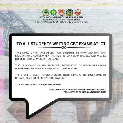 FUTO SUG issues important notice to students writing CBT exams