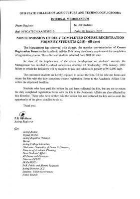 OYSCATECH notice on non-submission of duly completed course registration forms