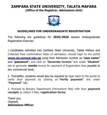 Zamfara State University registration guidelines for 2025/2026 session