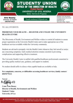 UNIUYO SUG urges students to Prioritize Health Centre Registration