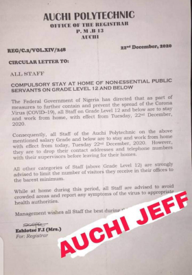 Auchi Polytechnic notice to staff on Grade Level 12 and Below