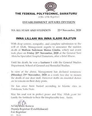 Federal Polytechnic Damaturu notice to staff and students