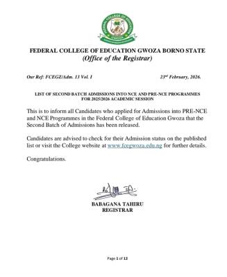 Federal College of Education, Gwoza 2nd batch admission list for 2025/2026 session