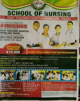 ESUT Teaching Hospital General Nursing programme for 2021/2022 session