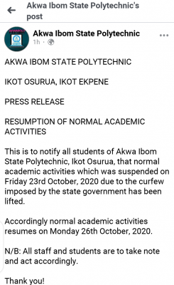 Akwa Ibom State Polytechnic announces resumption
