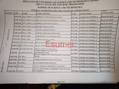 Delta State University, Ozoro Remedial Examination timetable, 2021/2022
