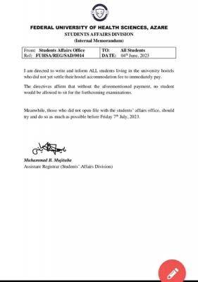 FUHSA notice to all students on payment of hostel accommodation fee