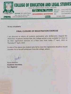 College of Education and Legal Studies, Nguru notice on final closure of registration