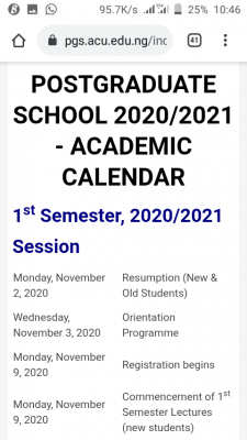 Ajayi Crowther University Postgraduate academic calendar for 2020/2021 session