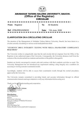 ATBU debunks purported mandatory drug test circular
