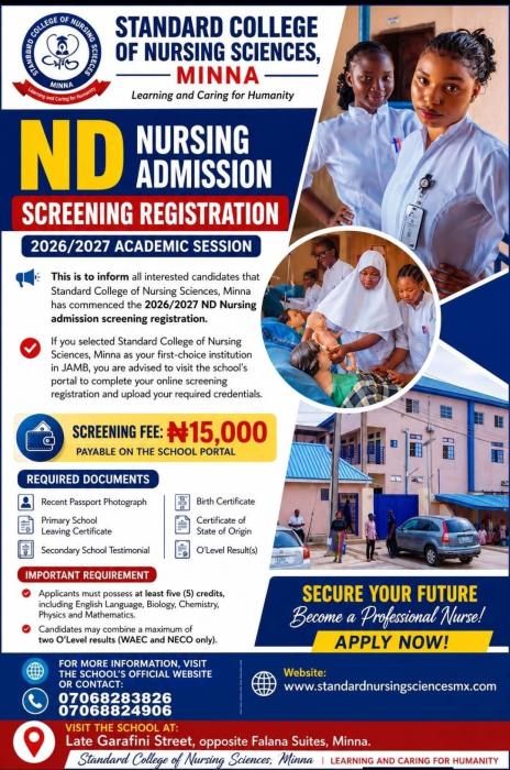 Standard College of Nursing Sciences, Minna ND Nursing Admission form, 2026/2027