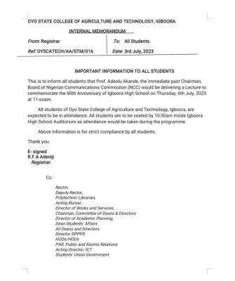 OYSCATECH notice to all students
