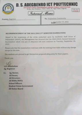 D.S Adegbenro ICT Polytechnic notice on commencement of 2nd semester exam, 2021/2022