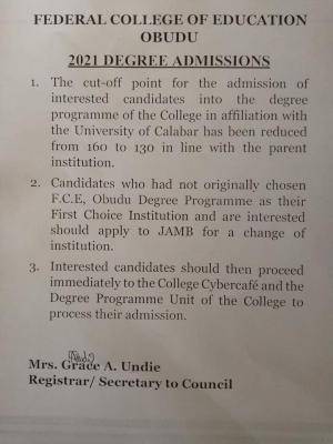 FCE Obudu important notice on UNICAL Affiliated degree admission