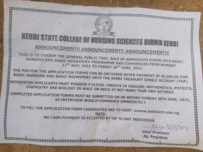 Kebbi State College of Nursing Sciences admission form, 2021/2022