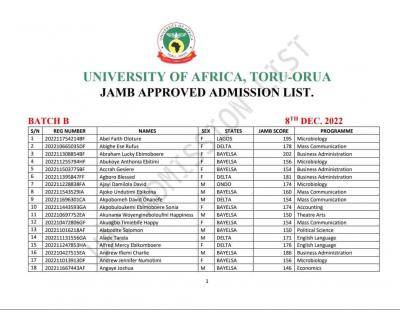University of Africa, Toru-Orua Batch B approved admission list, 2022/2023