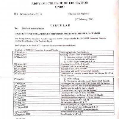 Adeyemi College of Education approved Harmattan Semester calendar, 2022/2023