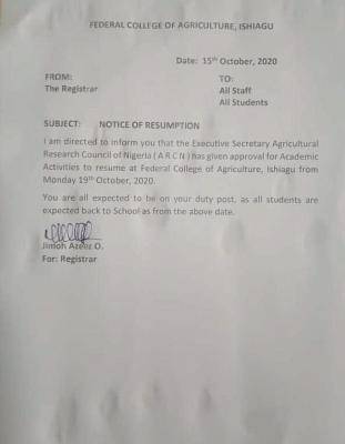 Federal college of agriculture ishiagu issues a resumption notice to staff and students