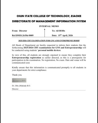 Osun State College of Technology, Esa-Oke notice on CBT exam for GNS and Entrepreneurship