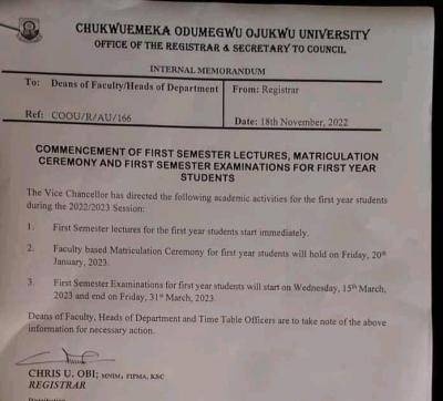 COOU on 1st Semester Lectures, Matriculation Ceremony & examination for 1st year students, 2022/2023