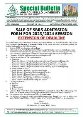 ABU extends deadline for sales of SBRS admission form, 2023/2024