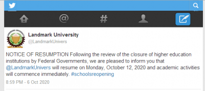 Landmark University Notice of Resumption