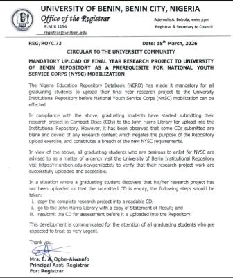 UNIBEN notice to graduating students on upload of project on NERD