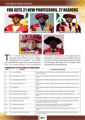 FUDUTSE gets 21 new Professors, 27 new Readers