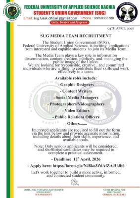 Federal University of Applied Science Kachia SUG notice on recruitment for media team