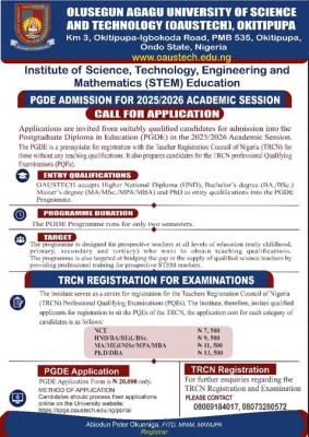 OAUSTECH Announces PGDE Admission for 2025/2026 Academic Session