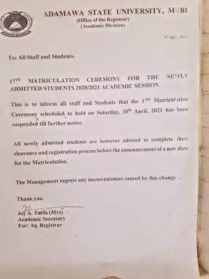 ADSU postpones 2020/2021 matriculation ceremony