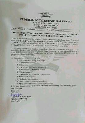 Fed Poly Kaltungo commencement of admission exercise & request for upload of O'level results, 2023/2024