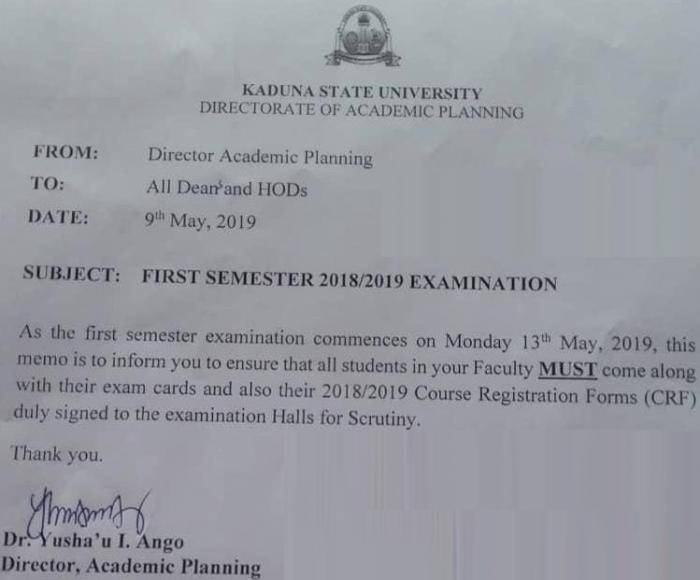 KASU 1st Semester Exam Date and Requirements for 2018/2019 Session
