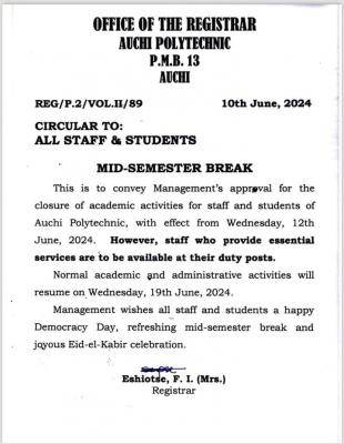 Auchi poly notice on mid-semester break