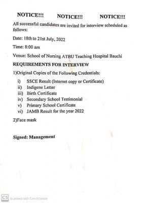 ATBU College of Nursing ND schedule of interview, 2022/2023
