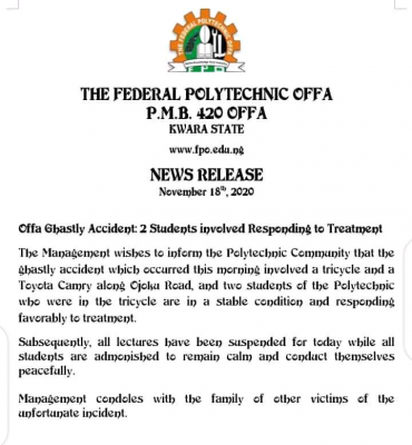FEDPOLY Offa suspends lectures following involvement of two students in an accident