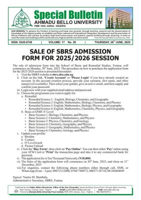 ABU Zaria School of Remedial & Basic Studies Funtua releases admission form, 2025/2026