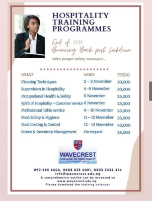 Wavecrest College of Hospitality fees for various training programmes