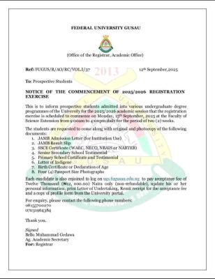 FUGUSAU notice on commencement of registration exercise for new students, 2025/2026