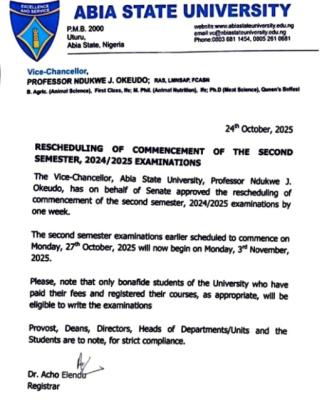 ABSU reschedules 2nd semester exams, 2024/2025