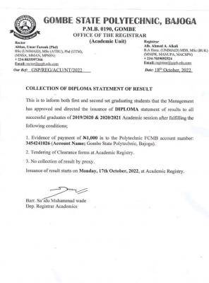 Gombe State Polytechnic notice on issuance of statements results for Diploma students