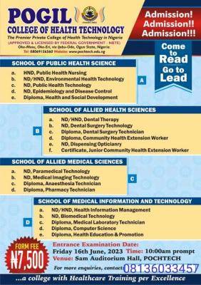 Pogil College of Health Technology admission forms, 2023/2024